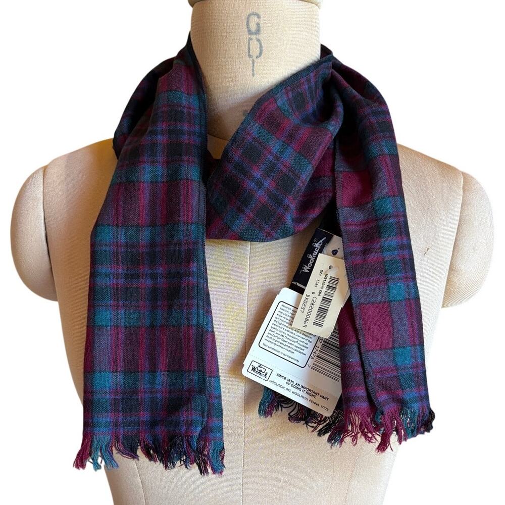 Woolrich Vintage Deadstock Purple and Teal Plaid Wool Blend Scarf USA Made
